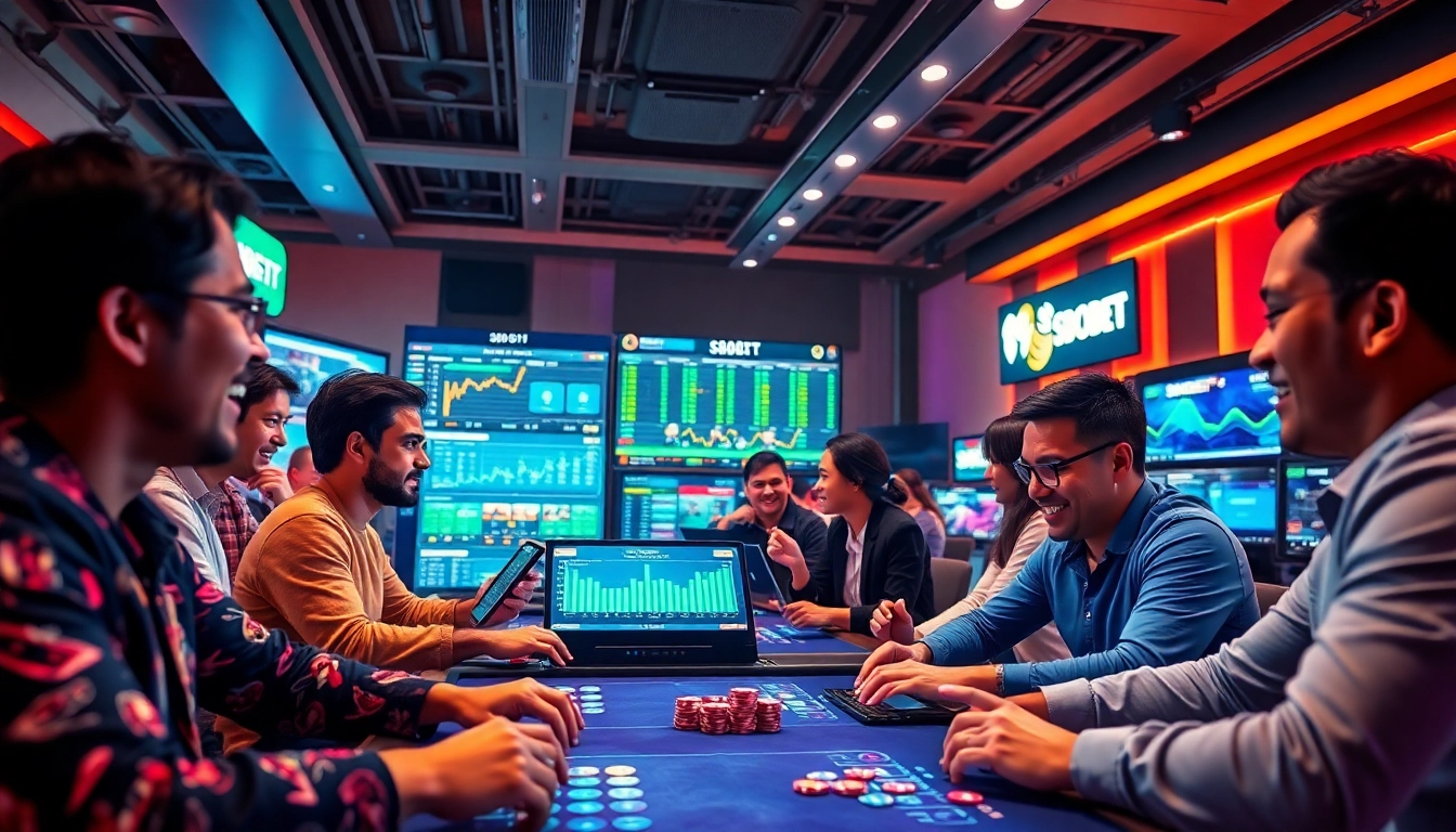 SBOBET.dance showcases vibrant online gaming, featuring players engaged in sports betting and poker.