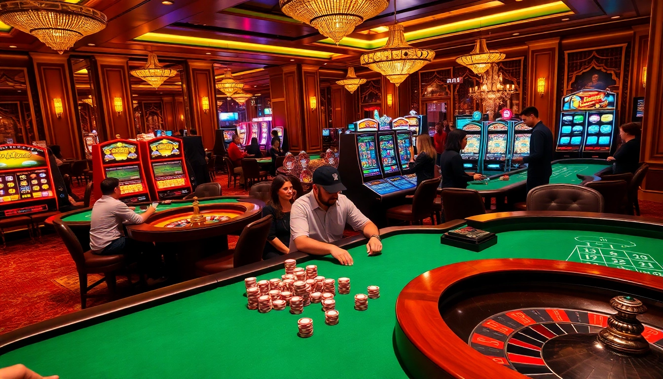 Exciting gambling atmosphere at rikvip.gb.net showcasing luxurious casino tables and vibrant slot machines.