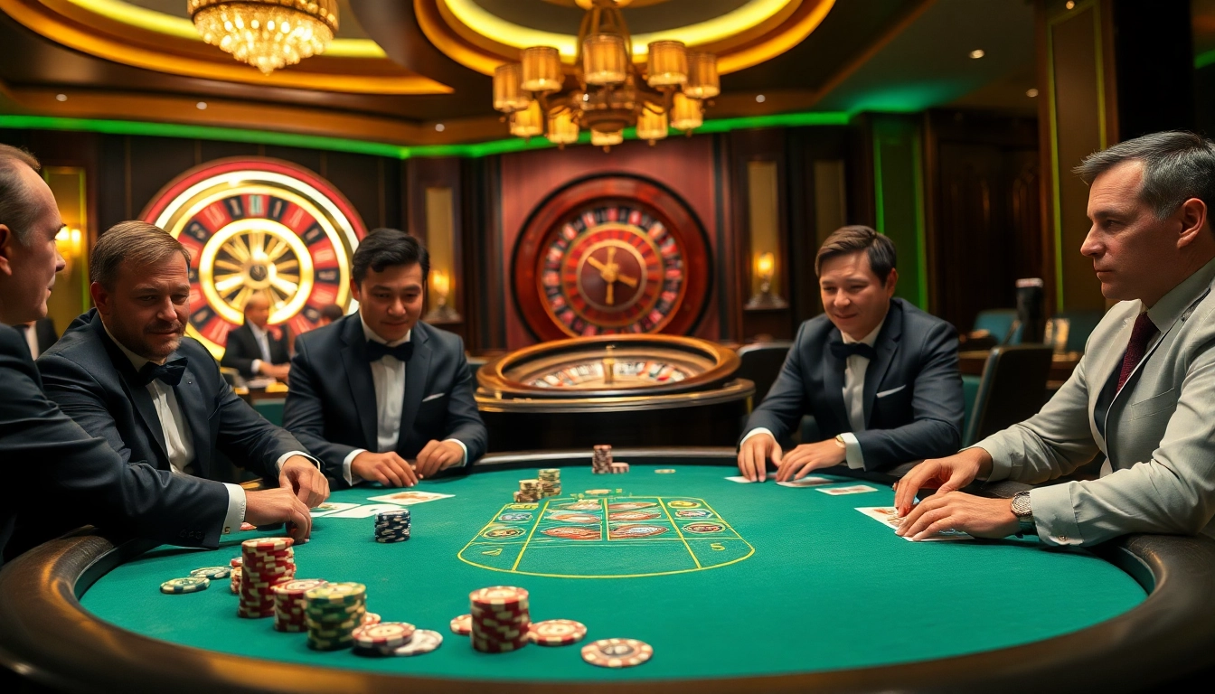 Experience the thrill of poker strategy at NK88, with players engaged around a classy table.