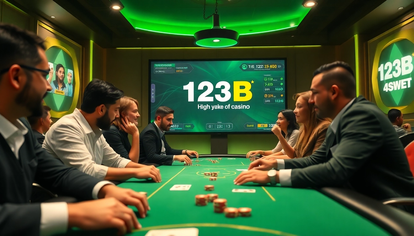Engaging participants at a vibrant 123B casino poker game, showcasing an exciting atmosphere and digital gaming interface.