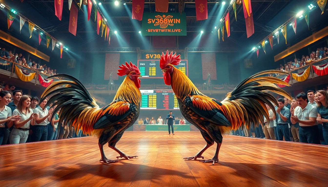 Exciting live cockfighting action at sv368win.live, showcasing intense competition and vibrant atmosphere.