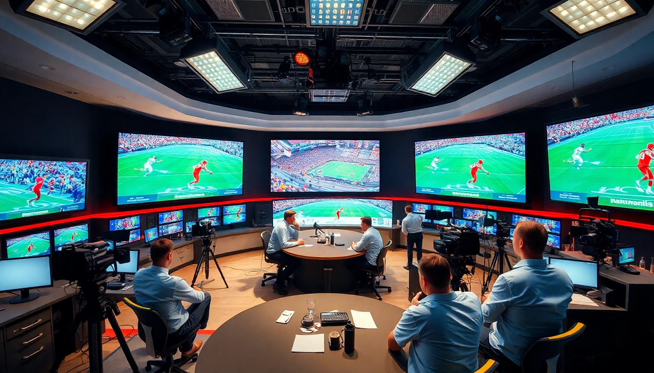 Professionals in a sports broadcasting studio analyzing live matches and discussing strategies.